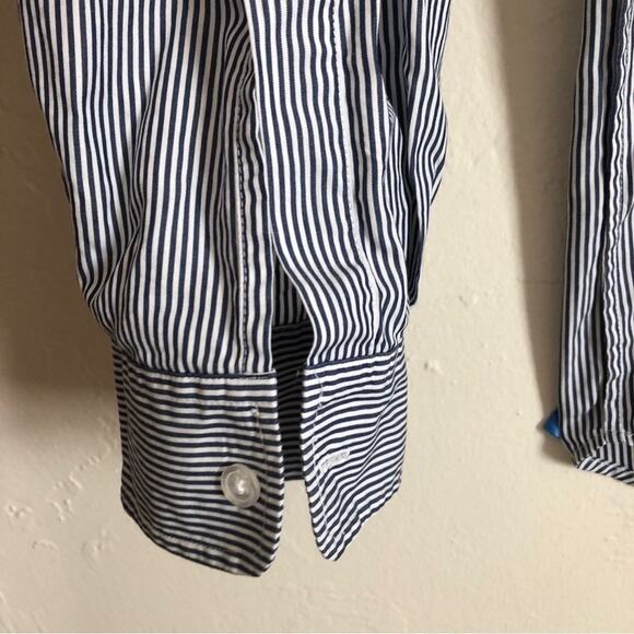 Steven Alan Men's Navy Blue White Stripes Button Up Long Sleeve Dress Shirt - Picture 5 of 9